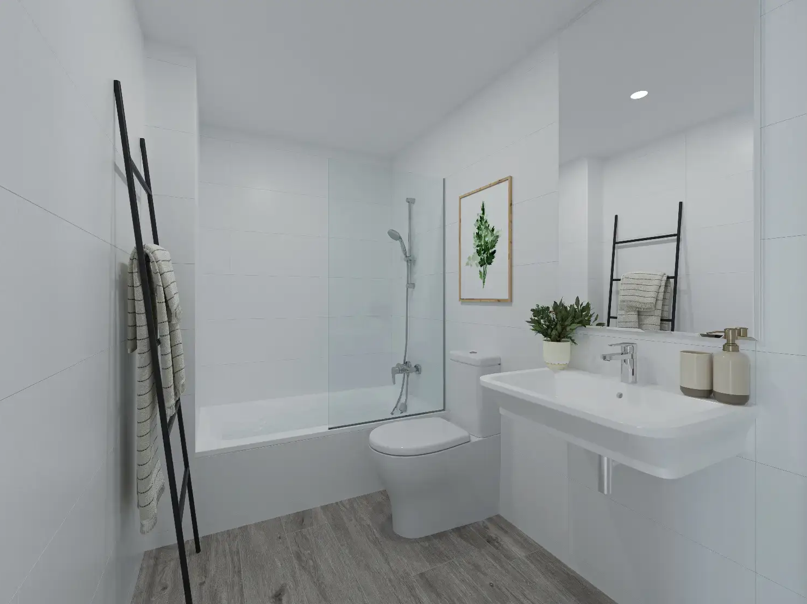 Modern bathroom featuring white wall tiling, a bathtub with glass partition, wood-effect flooring, and a wall-mounted ceramic washbasin.