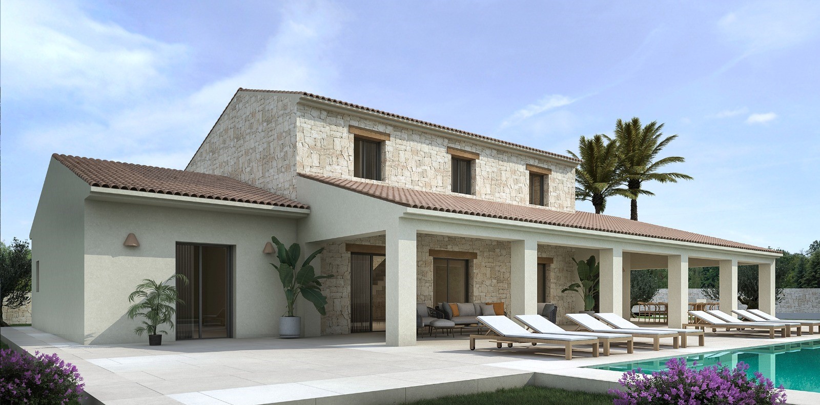 Exterior view of the Mediterranean villa featuring natural stone walls, a terracotta roof, a large swimming pool, and a spacious terrace with sun loungers.