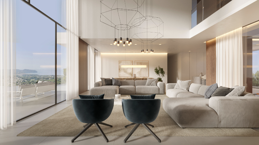 Double-height living room with floor-to-ceiling glass walls offering sea views, geometric wire chandeliers, and contemporary furniture in neutral tones.