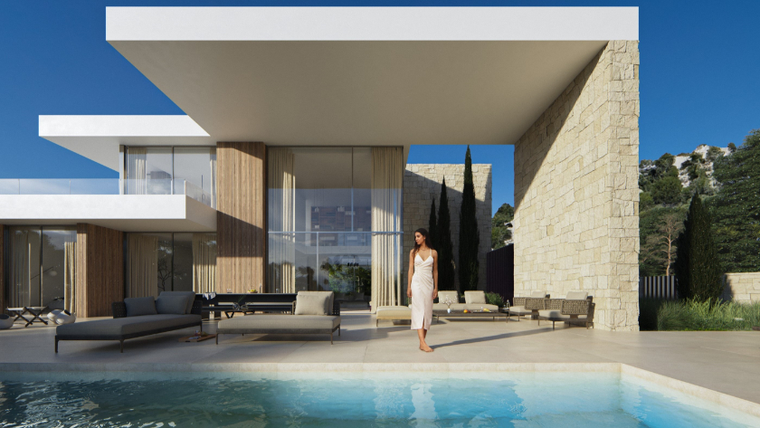 Exterior of a modern villa featuring a large cantilevered porch, natural stone walls, and an infinity pool integrated with floor-to-ceiling glass facades.