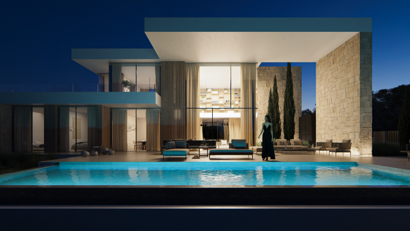 Exterior view at dusk featuring an infinity pool, natural stone walls, and a double-height porch with minimalist lounge furniture and floor-to-ceiling glass.