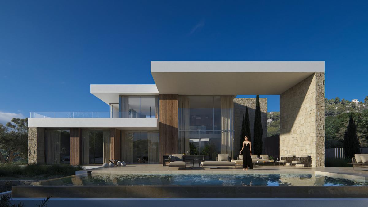 Exterior view featuring an infinity pool, cantilevered roof structures, and a facade of natural stone, wood paneling, and expansive glass walls under a clear sky.