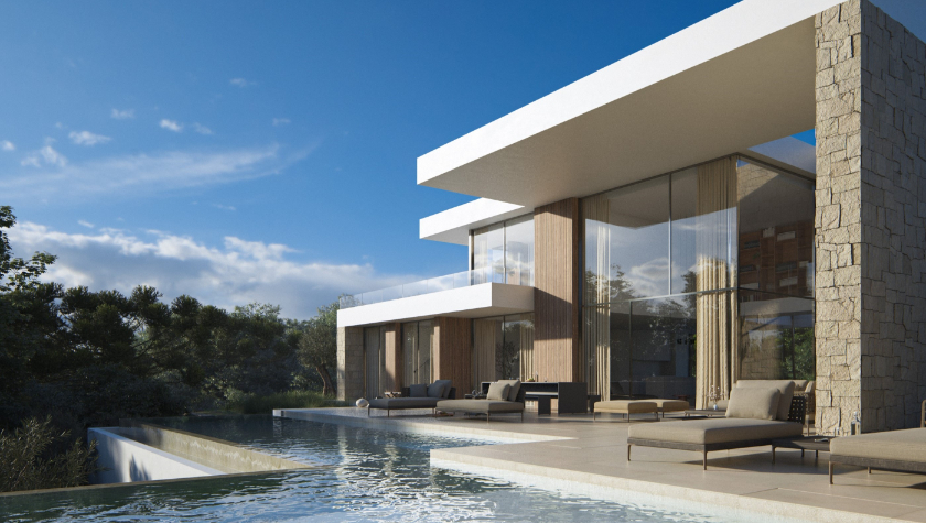 Exterior view showing the tiered infinity pool, natural stone masonry, and floor-to-ceiling glass facades under a cantilevered white roof structure.
