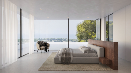 Master suite with floor-to-ceiling glass walls offering panoramic sea views, featuring a custom wood headboard and minimalist neutral decor.