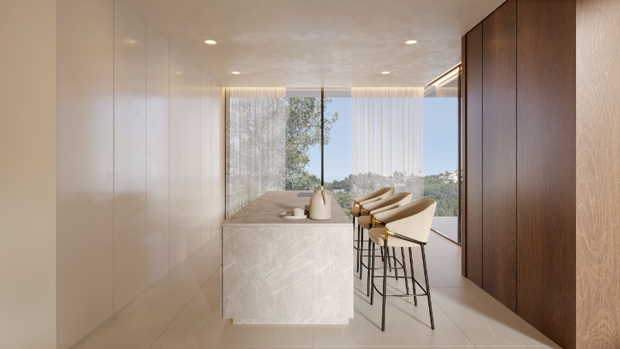 Modern kitchen featuring a stone island with integrated seating, dark wood cabinetry, and floor-to-ceiling windows overlooking the Mediterranean landscape.