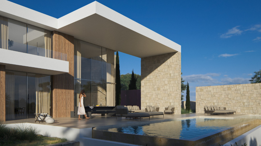 Modern villa exterior featuring an infinity pool, natural stone walls, and a double-height porch with wood-slat cladding and expansive glazing.