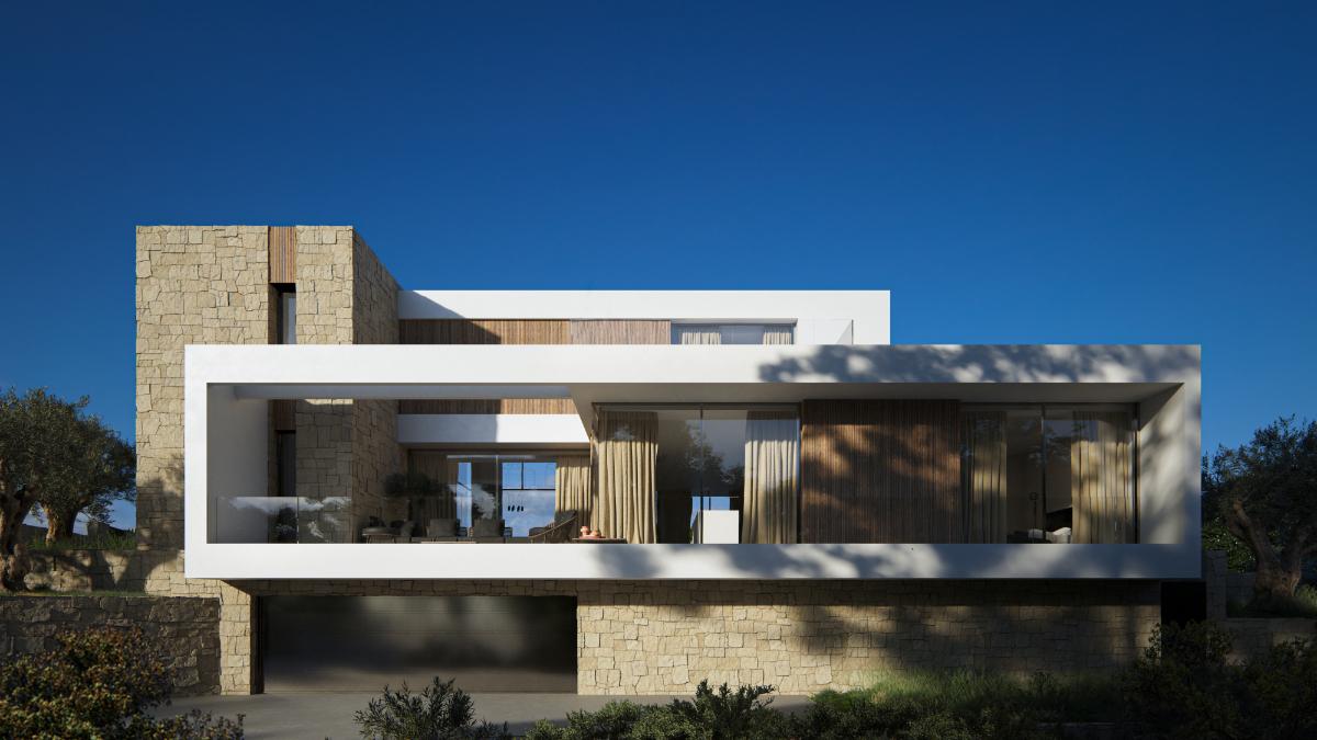 Modern villa facade featuring natural stone walls, white cantilevered structures, and wood detailing. Large floor-to-ceiling windows open onto a spacious terrace.