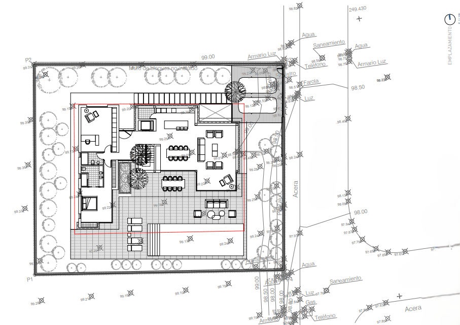 Architectural site plan illustrating the ground floor layout, featuring an open-plan living zone, master suite, swimming pool, and double carport on a landscaped plot.