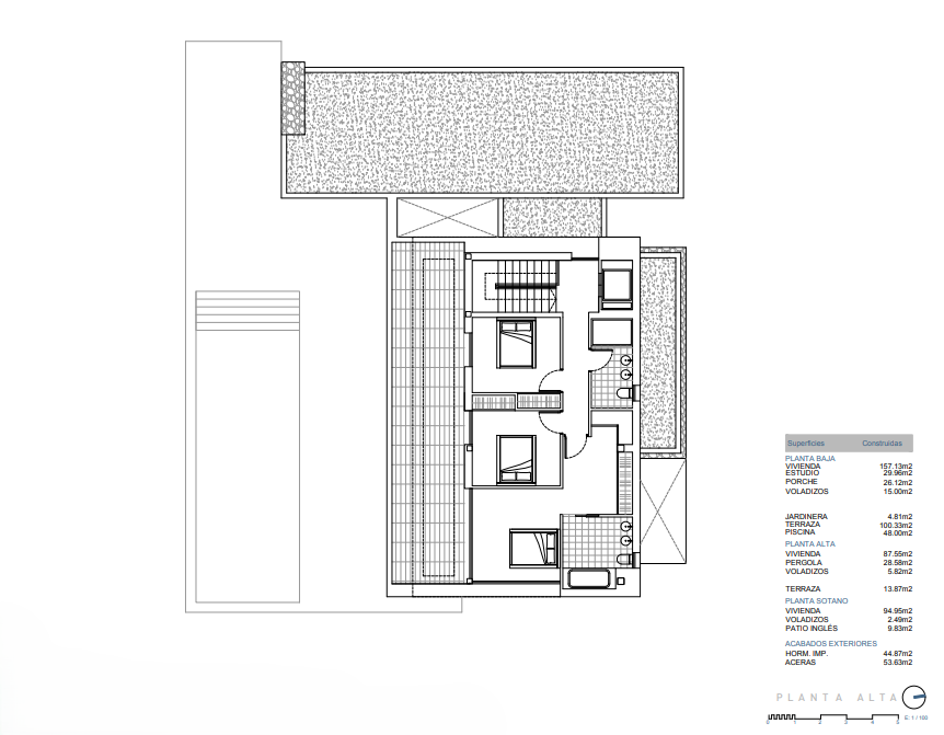 Detailed architectural floor plan of the upper level, featuring three bedrooms, two bathrooms, and a terrace, including a breakdown of built surface areas.
