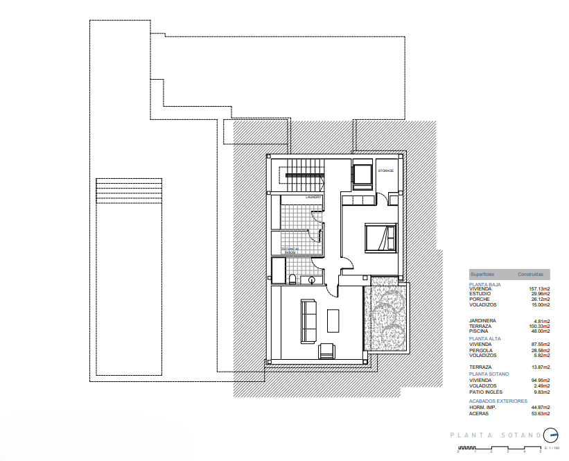 Detailed floor plan of the basement level featuring a laundry room, technical area, storage, an extra bedroom, and an English patio for natural light.