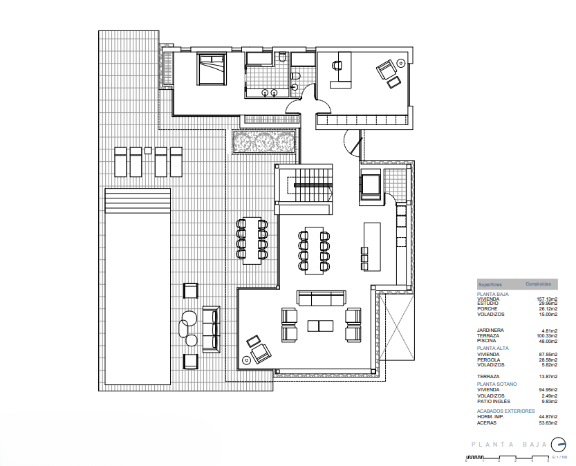 Detailed floor plan of the ground floor showing the open-plan living area, master suite, office, and expansive terrace with a private pool.