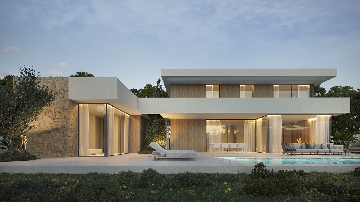 Modern two-story villa facade featuring natural stone walls, wood paneling, and floor-to-ceiling windows overlooking a private pool and landscaped terrace.