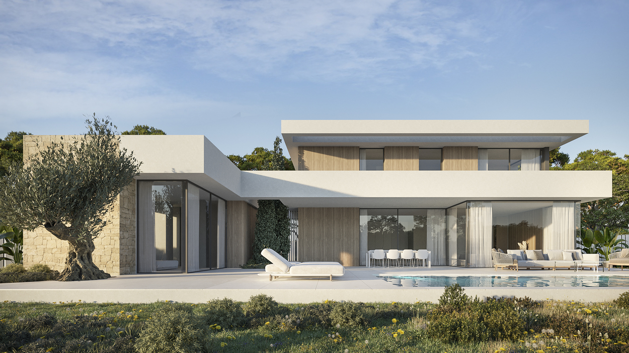 Modern two-story villa facade featuring white rendering, natural stone walls, and wood accents. Includes a private pool, sun terrace, and garden with a mature olive tree.