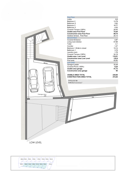 Architectural floor plan of the lower level (Typology B) featuring a double garage, staircase access, and a detailed breakdown of surface areas for all floors.