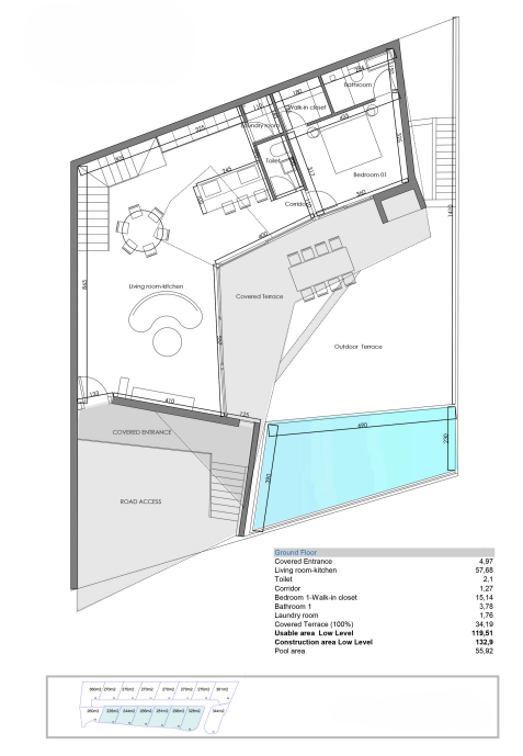 Detailed ground floor plan featuring an open-plan living area, a master suite with walk-in closet, and an expansive outdoor terrace with a 55 m² private pool.