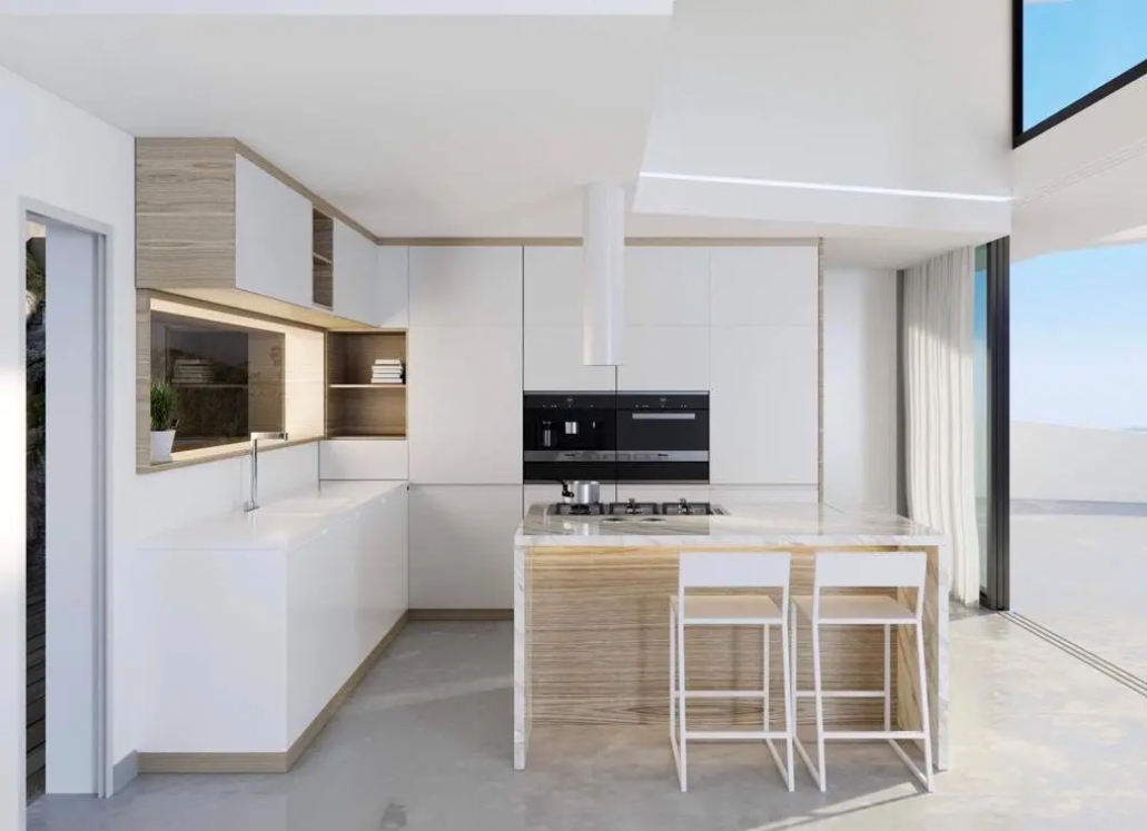 Minimalist designer kitchen featuring a marble island, cylindrical hood, and integrated appliances, blending white finishes with natural oak wood accents.