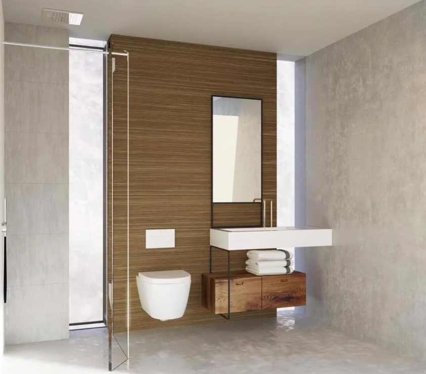 Modern bathroom with wood-textured accent wall, floating white vanity, and wall-mounted toilet. Features a glass shower partition and natural light through a vertical window.