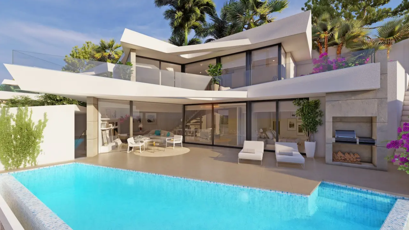 Modern villa exterior featuring an infinity pool, a built-in stone barbecue, and a spacious terrace with lounge furniture and floor-to-ceiling glass doors.