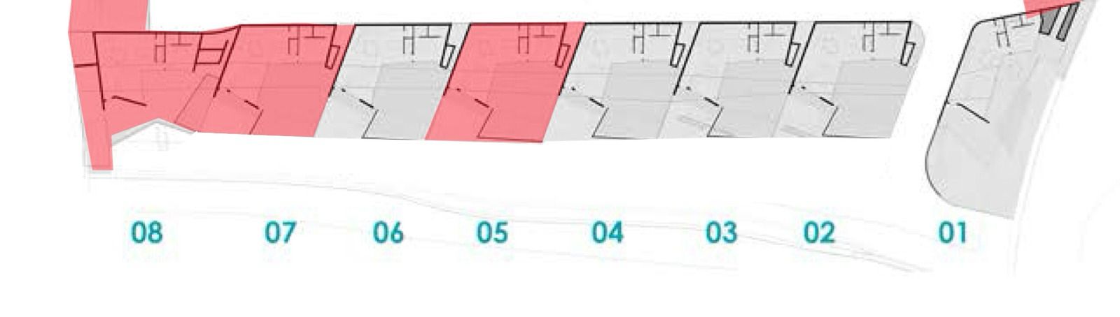Site plan showing the layout of units 01 to 08, with specific plots highlighted in red to indicate availability within the residential complex.