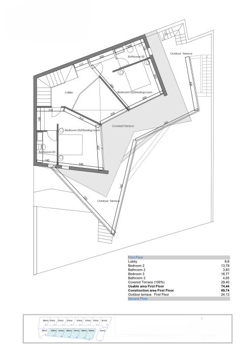 Technical floor plan of the first floor featuring two bedrooms with en-suite bathrooms, dressing areas, and expansive covered and outdoor terraces.