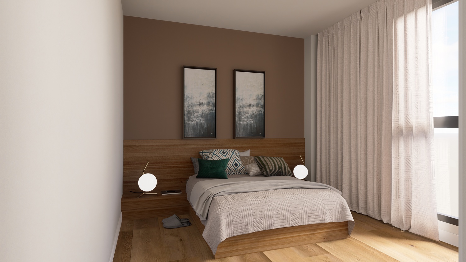 Bedroom featuring an integrated wooden headboard, earth-toned accent wall, and floor-to-ceiling curtains. Natural wood flooring and spherical designer bedside lamps.