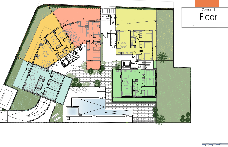 Detailed architectural floor plan of the ground level, illustrating apartment layouts, private gardens, and the communal swimming pool area with sun decks.