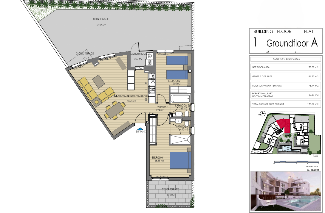 Detailed floor plan of Groundfloor A in Building 1, featuring 2 bedrooms, 2 bathrooms, and an expansive 50m² open terrace alongside a modern open-plan living area.