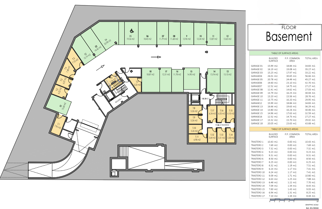 Detailed floor plan of the basement level showing 18 numbered garage spaces and 17 storage units with corresponding surface area tables.