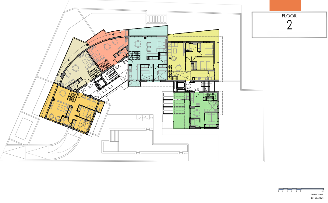 Detailed floor plan of the second floor showing the distribution of five apartments with terraces, internal stairs, and communal access areas.