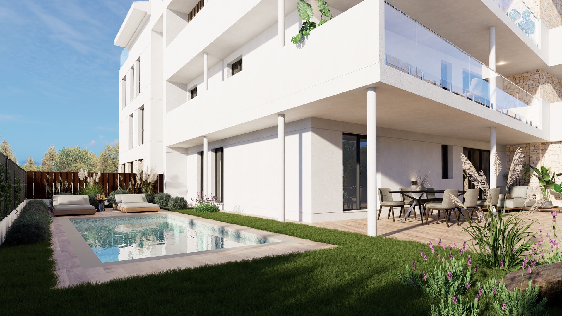 Exterior view of a ground floor apartment featuring a private swimming pool, wooden-decked terrace with dining area, and landscaped garden.