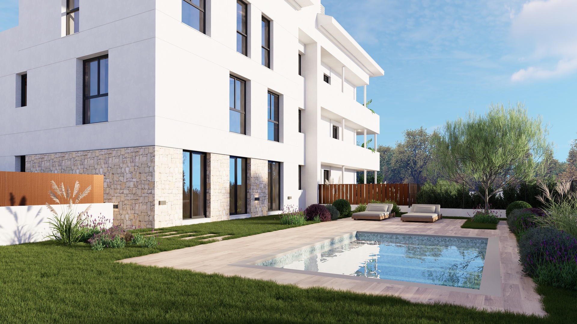 Exterior view of the white three-storey building featuring stone cladding, a communal pool with wooden decking, and landscaped lawns with lavender.