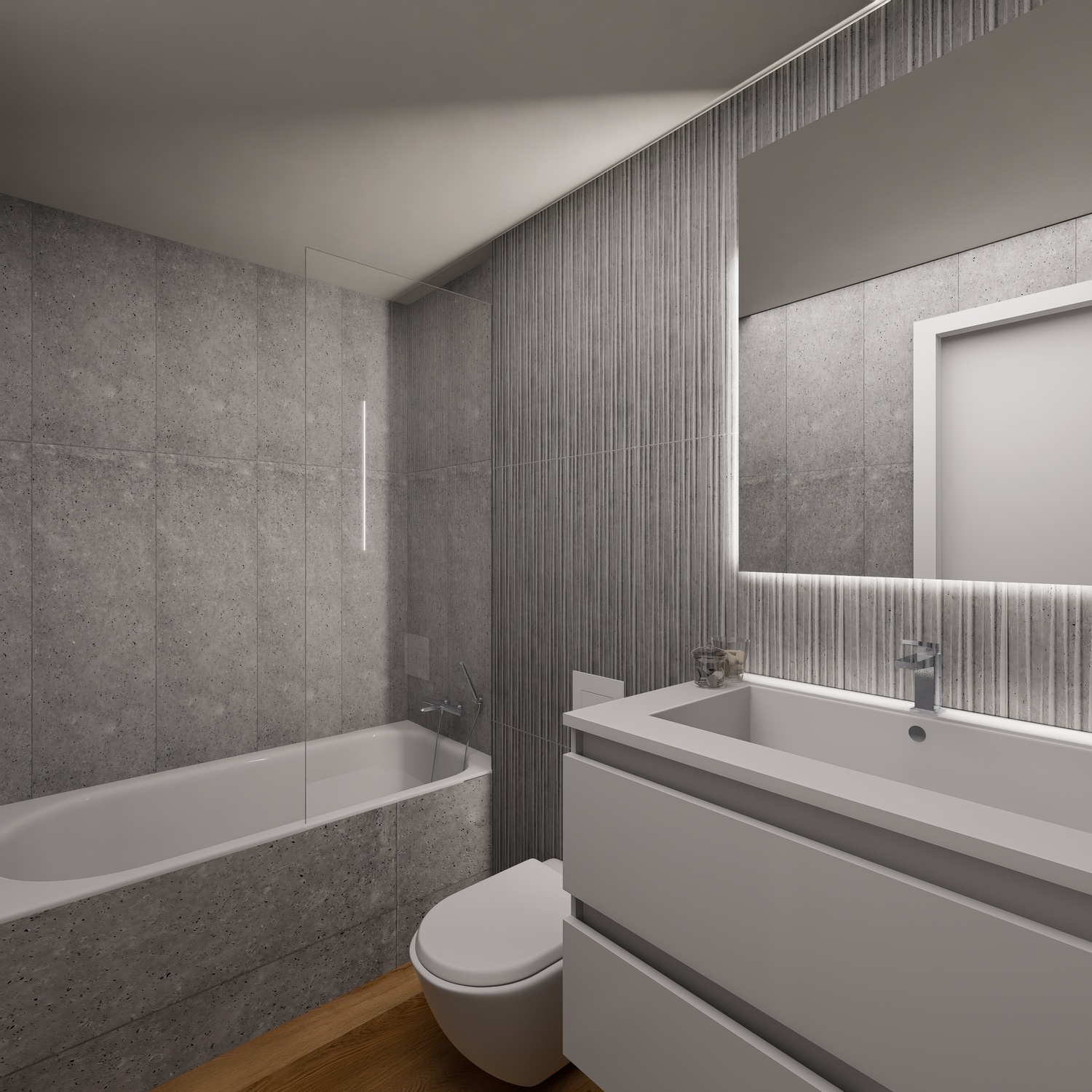 Modern bathroom featuring grey stone-effect tiling, a ribbed accent wall, and a floating vanity. Includes a bathtub with glass screen and an LED-backlit mirror.