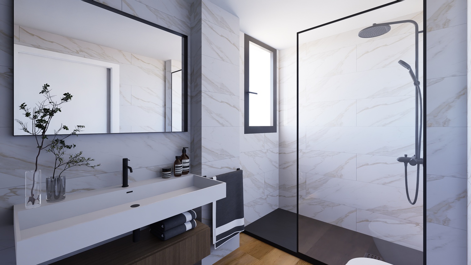 Modern bathroom featuring marble-effect wall tiles, a walk-in shower with black fixtures, and a white integrated sink atop a floating wooden vanity.