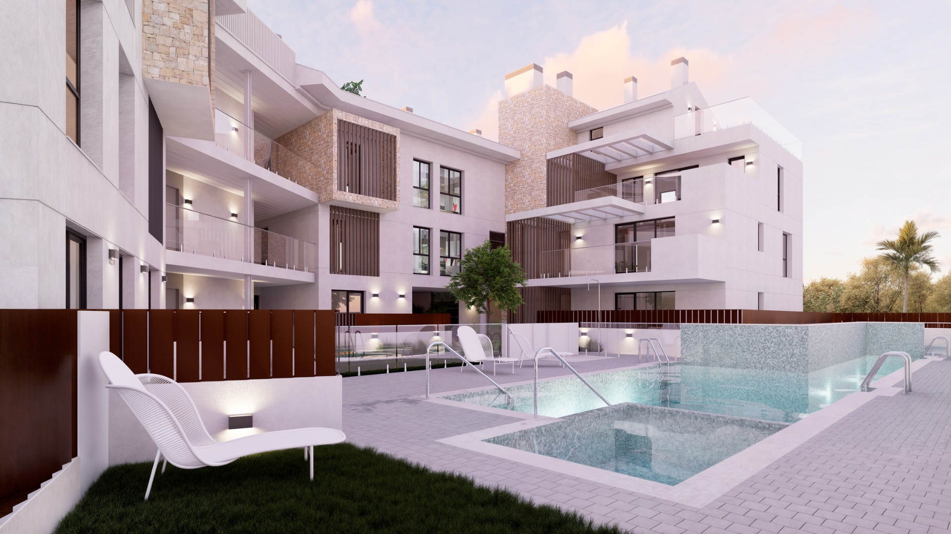Modern communal pool area featuring integrated lighting, glass safety railings, and white sun loungers set against stone-clad facades and wooden architectural louvers.
