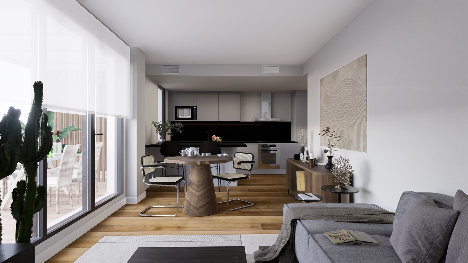 Open-plan living space featuring a modern kitchen with grey cabinetry, a wooden dining set, and oak flooring. Large glass doors provide access to the private terrace.
