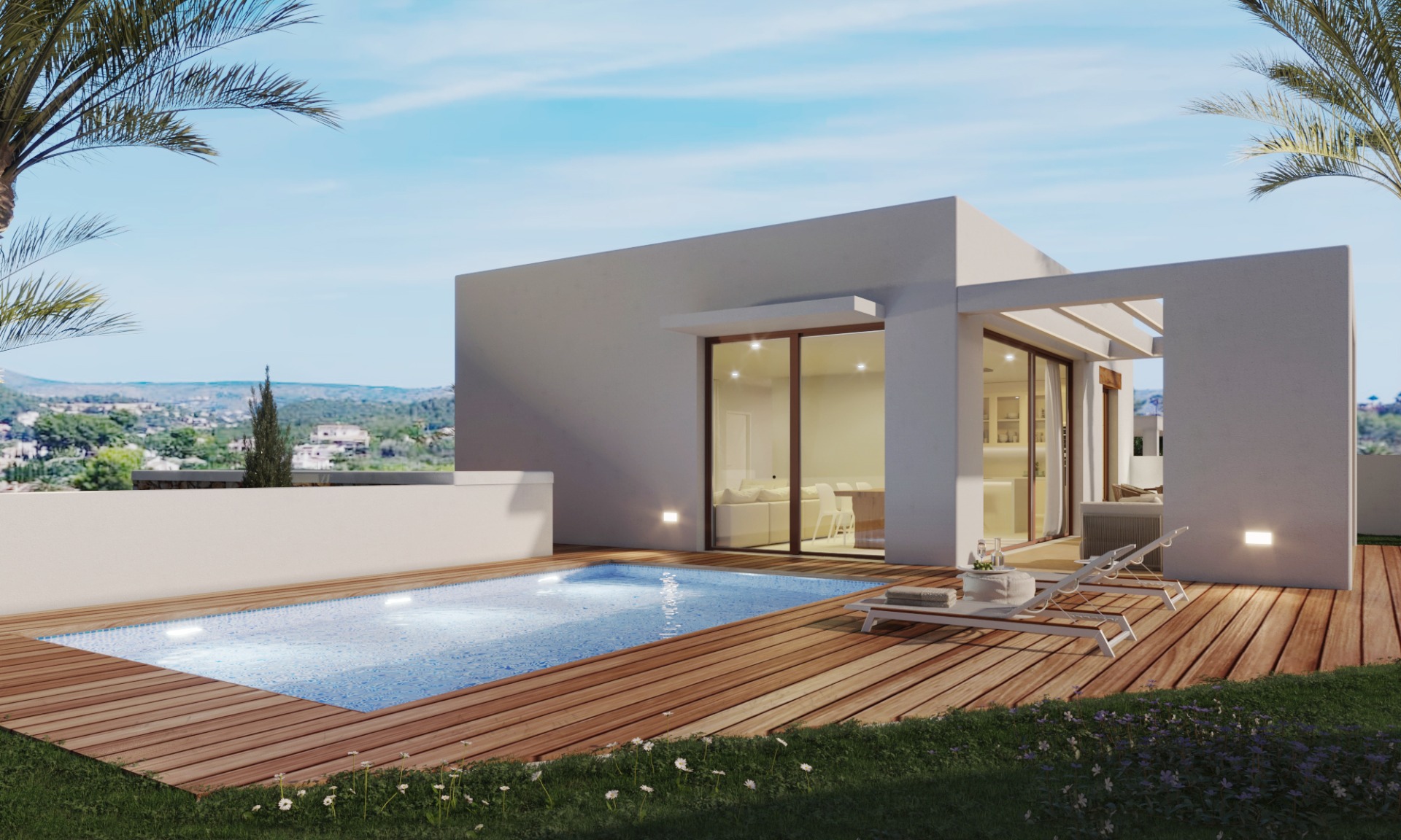 Modern exterior featuring a rectangular pool with wooden decking, white minimalist architecture, and large glass doors overlooking the Montgó mountain valley.