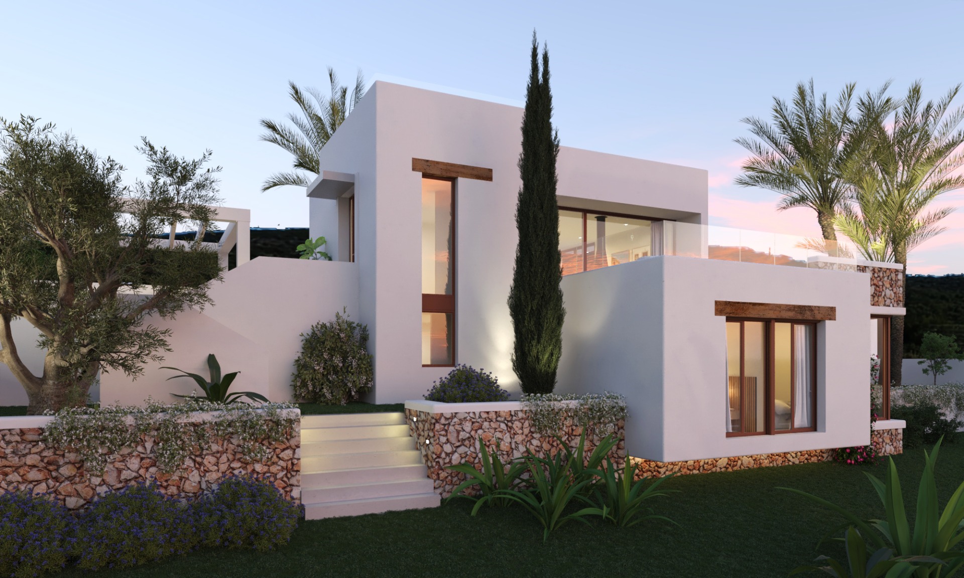 Modern villa exterior featuring white facades, natural stone walls, and wooden accents. The landscaped garden includes an olive tree, cypress, and integrated LED step lighting.