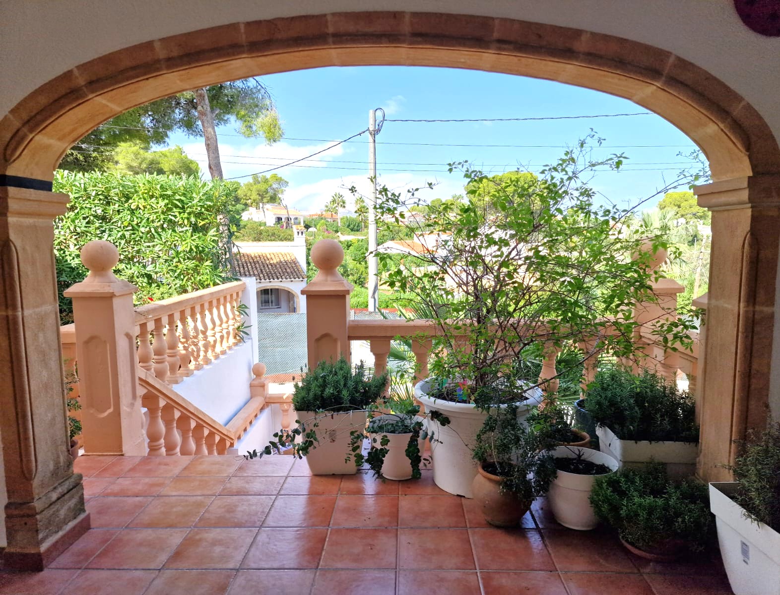 Terrace framed by a traditional Tosca stone arch, featuring terracotta flooring, potted Mediterranean plants, and views over the lush Toscal neighborhood.