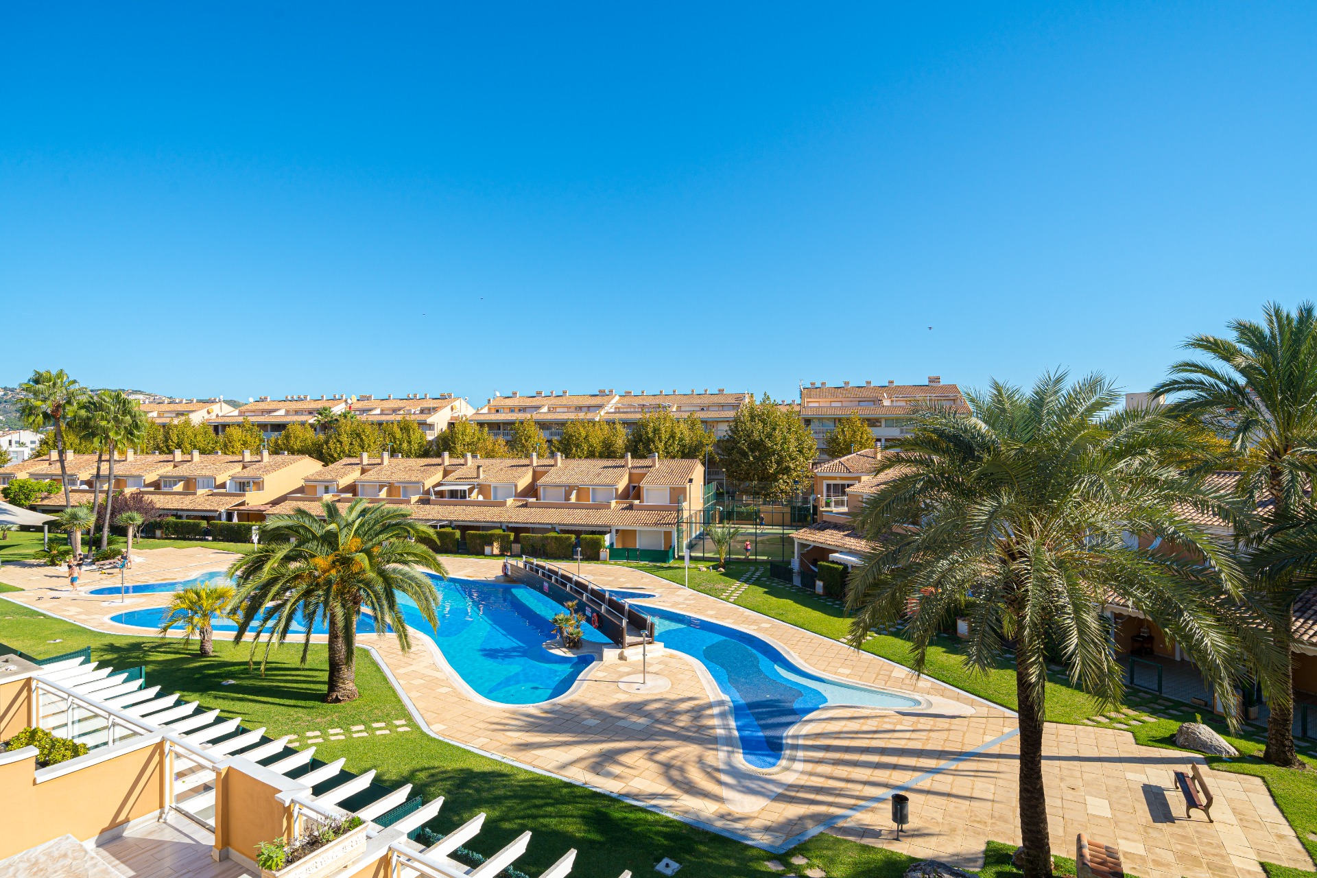 View of the large communal lagoon-style swimming pool with a central bridge, surrounded by palm trees and landscaped gardens within the Moreras del Saladar complex.