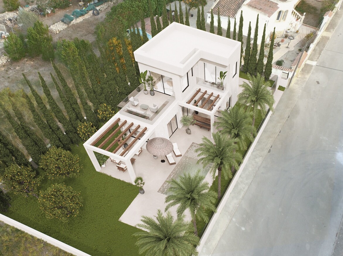 Aerial render of the modern two-story villa featuring white facades, wooden pergolas, a private pool, and landscaped gardens with palm and cypress trees.