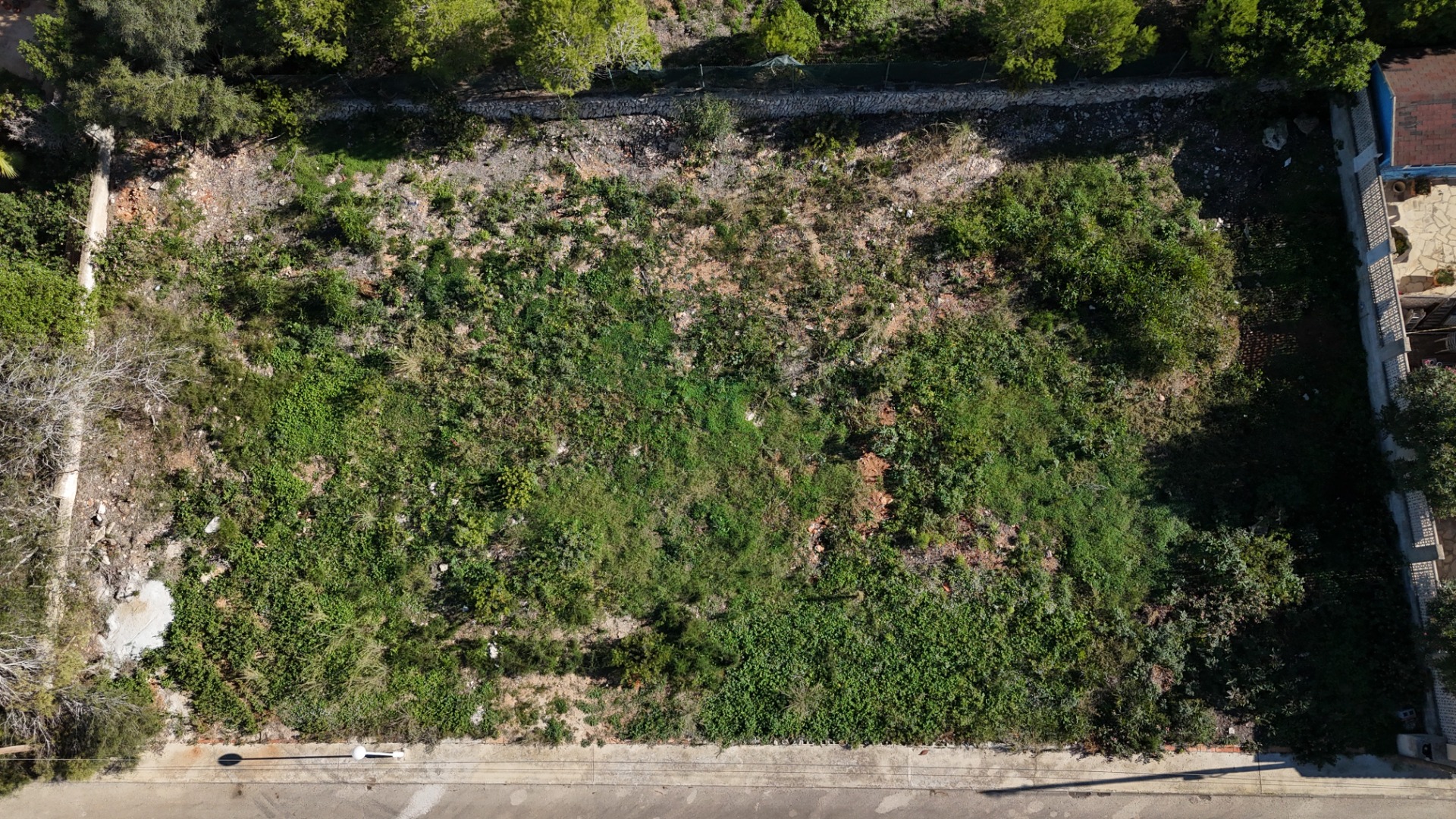 Aerial view of the flat 889m² plot in Pinosol, showing its rectangular layout, natural vegetation, and direct access from the paved residential street.