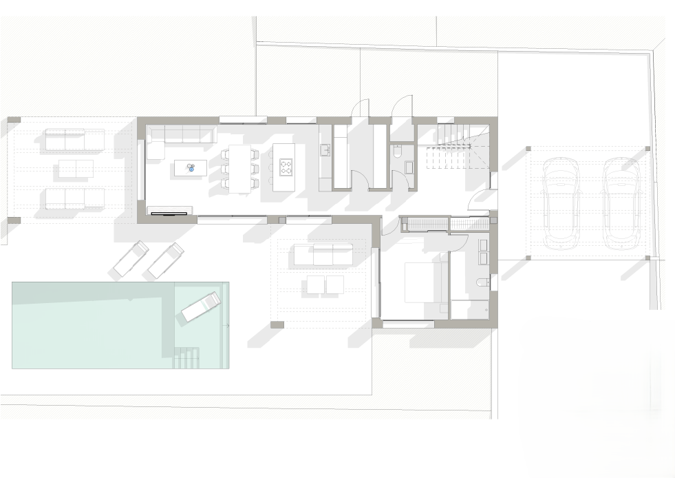 Architectural floor plan of the ground floor featuring an open-plan living area, master suite, integrated terraces, a 10x4m swimming pool, and a double carport.