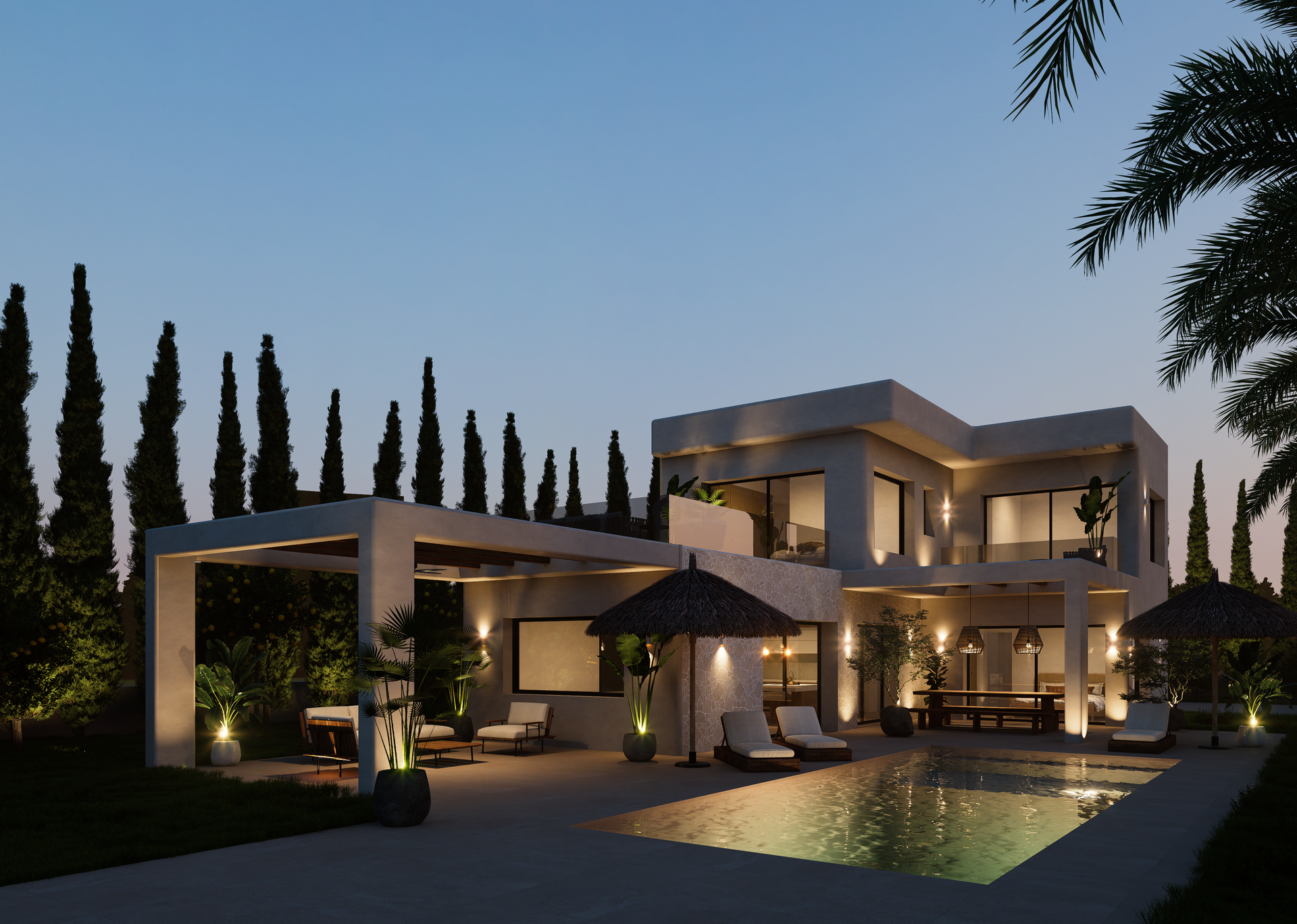 Architectural rendering of the villa at dusk, featuring an illuminated pool, covered terraces with lounge seating, and a landscaped garden with tall cypress trees.