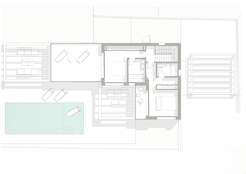 Detailed architectural floor plan showing the villa's layout, featuring an integrated swimming pool, expansive terraces with pergolas, and en-suite bedrooms.