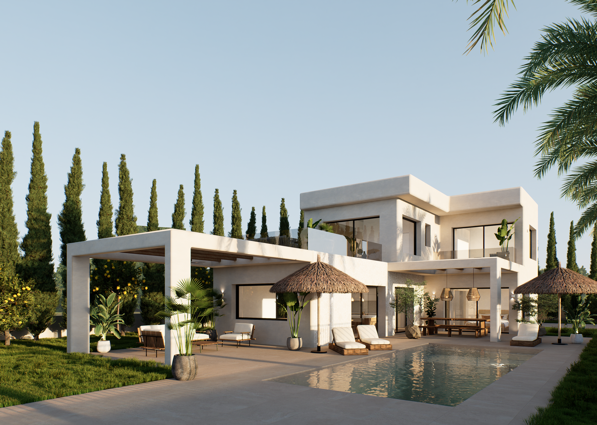 Exterior view of the modern two-story villa featuring a rectangular swimming pool, sun loungers with straw umbrellas, and a covered terrace with outdoor lounge and dining areas.