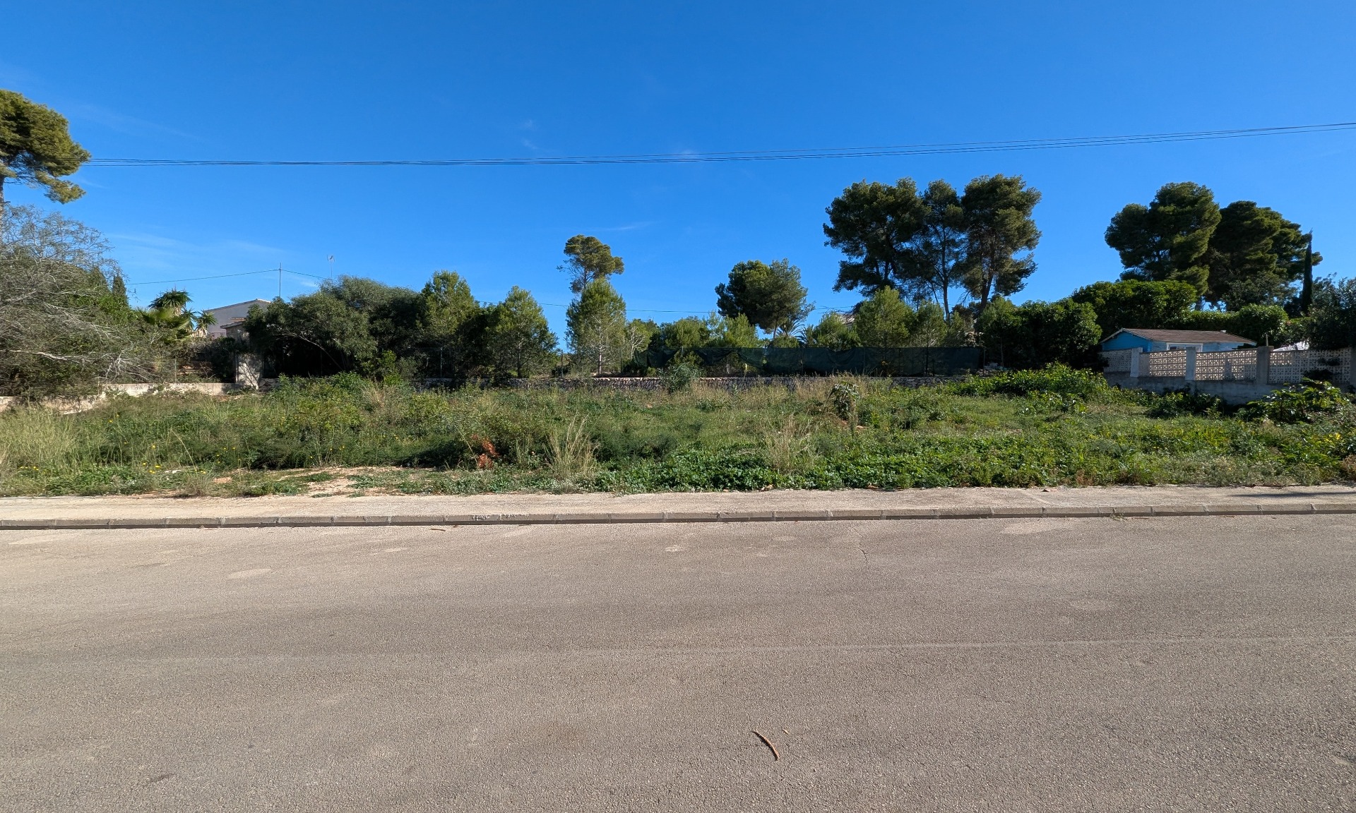 Flat 889 m² building plot in Pinosol, Jávea, featuring a wide street frontage, existing perimeter vegetation, and clear, level terrain ready for development.