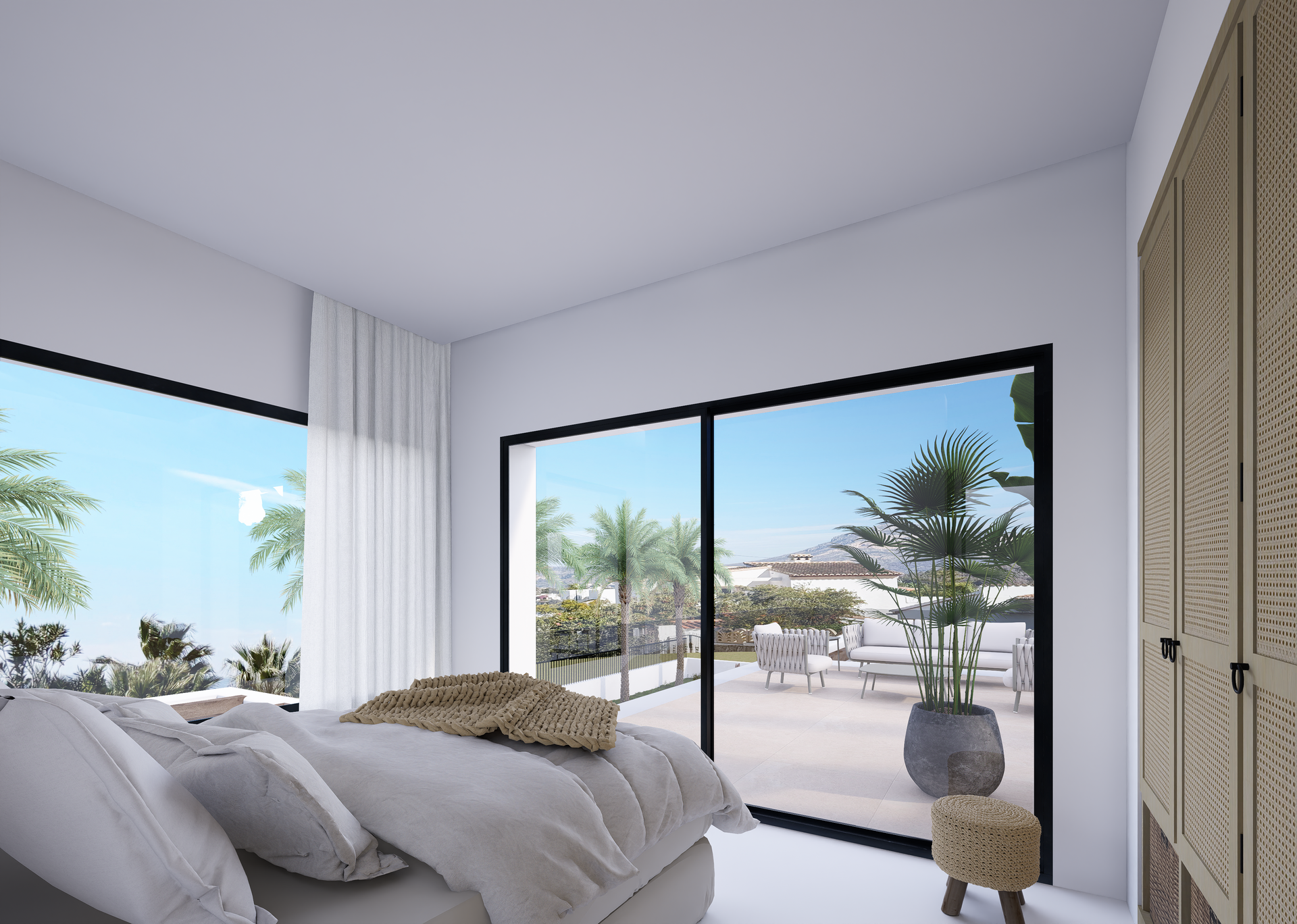 Modern bedroom with floor-to-ceiling sliding doors opening to a terrace. Features built-in wardrobes with rattan panels and views of the Montgó mountain.