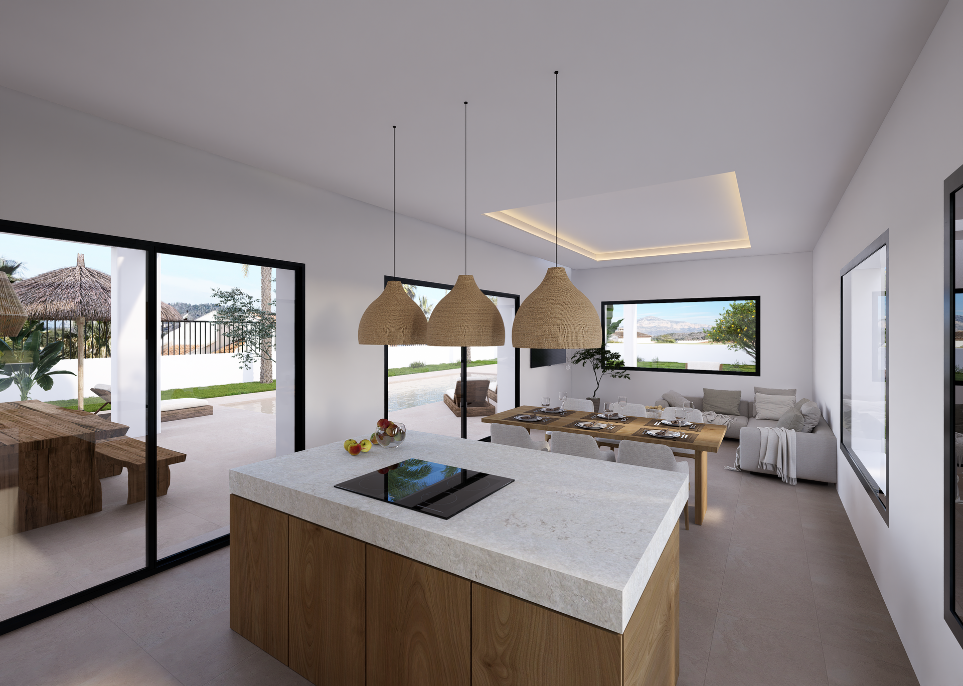 Open-plan living area featuring a kitchen island with stone countertop, wooden cabinetry, and rattan pendant lights, connecting to the dining and lounge spaces.