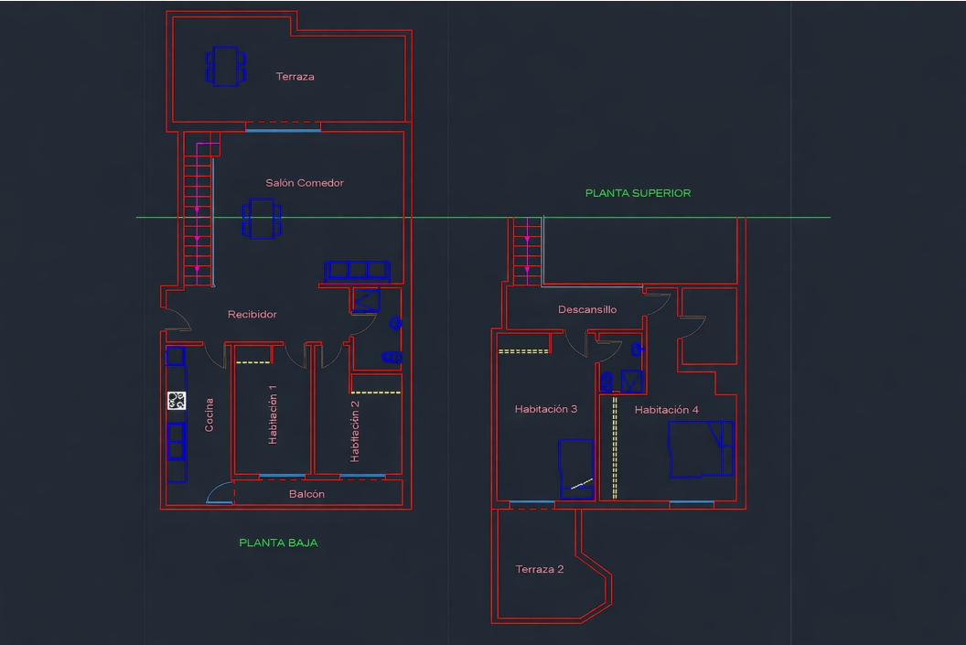 Architectural floor plan of the duplex penthouse showing the layout of both levels, including four bedrooms, two terraces, and a spacious living-dining area.
