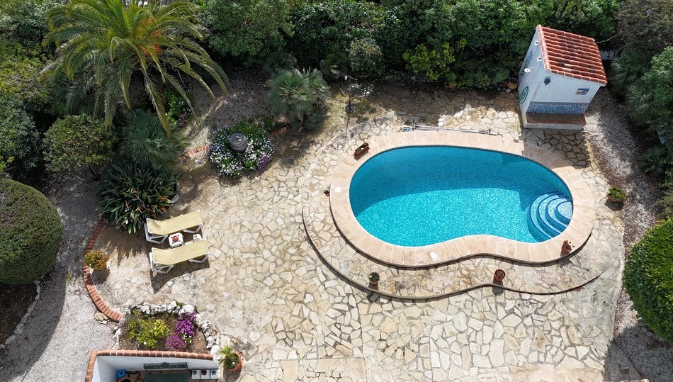 Elevated view of a kidney-shaped pool with mosaic tiling, surrounded by a natural stone terrace and a mature Mediterranean garden with palm trees and native plants.